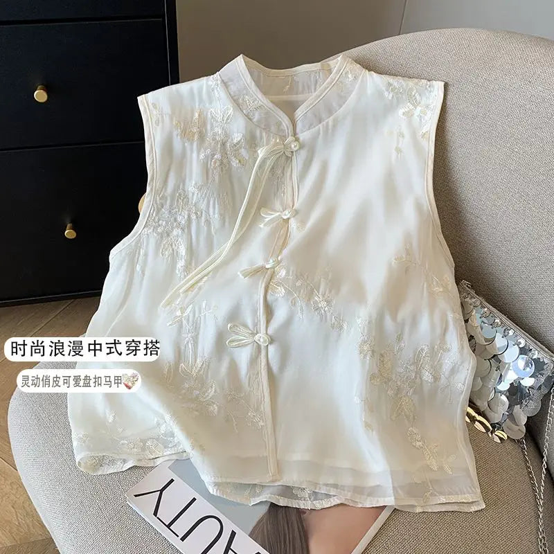 Haut Chinois Sans Manches à Broderies