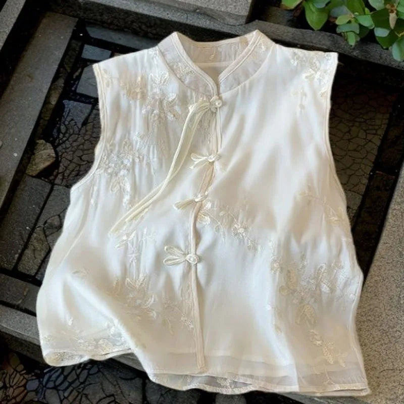 Haut Chinois Sans Manches à Broderies