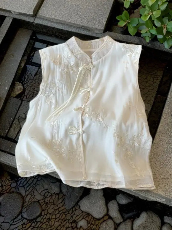 Haut Chinois Sans Manches à Broderies