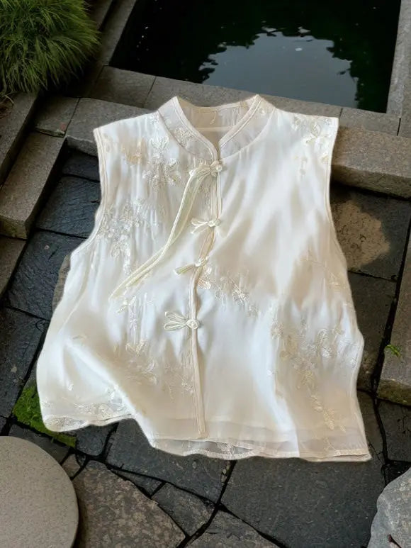 Haut Chinois Sans Manches à Broderies